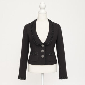 White House Black Market Womens Black Cropped Polka Dot Lace Trim Jacket Size 14